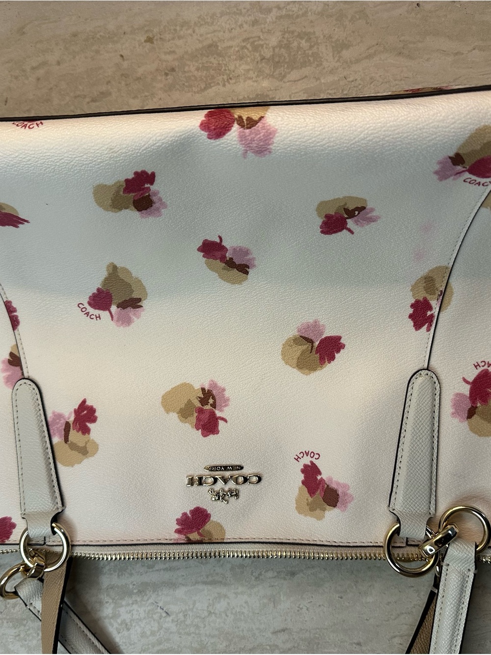 Coach White Floral Print Leather Tote with Pink and Tan Accents - Picture 9 of 12